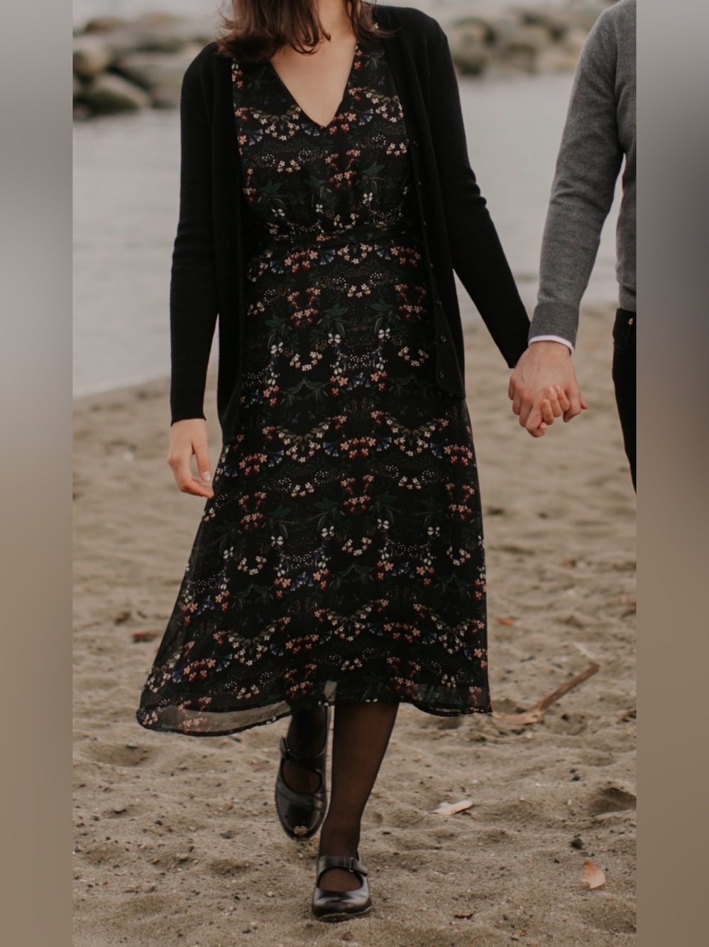 DESIGN LAB Black Floral Midi Dress with Tie Back